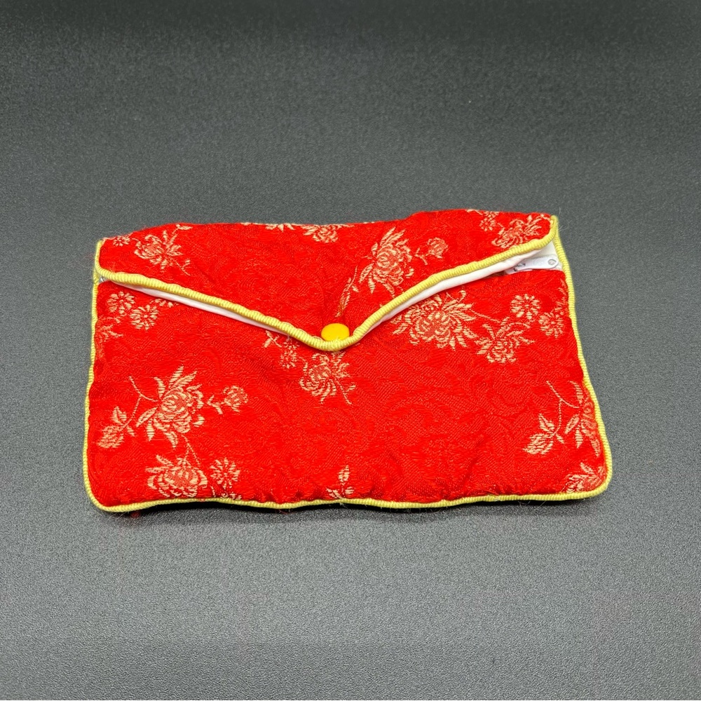 Kane Red Oriental Print Satin Fabric Zipper & Snap Envelope Wallet Purse